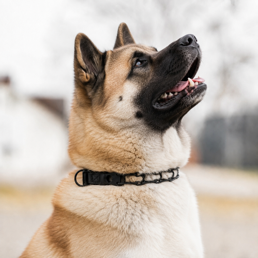 Akita wearing a Herm Sprenger black Click-Lock prong collar