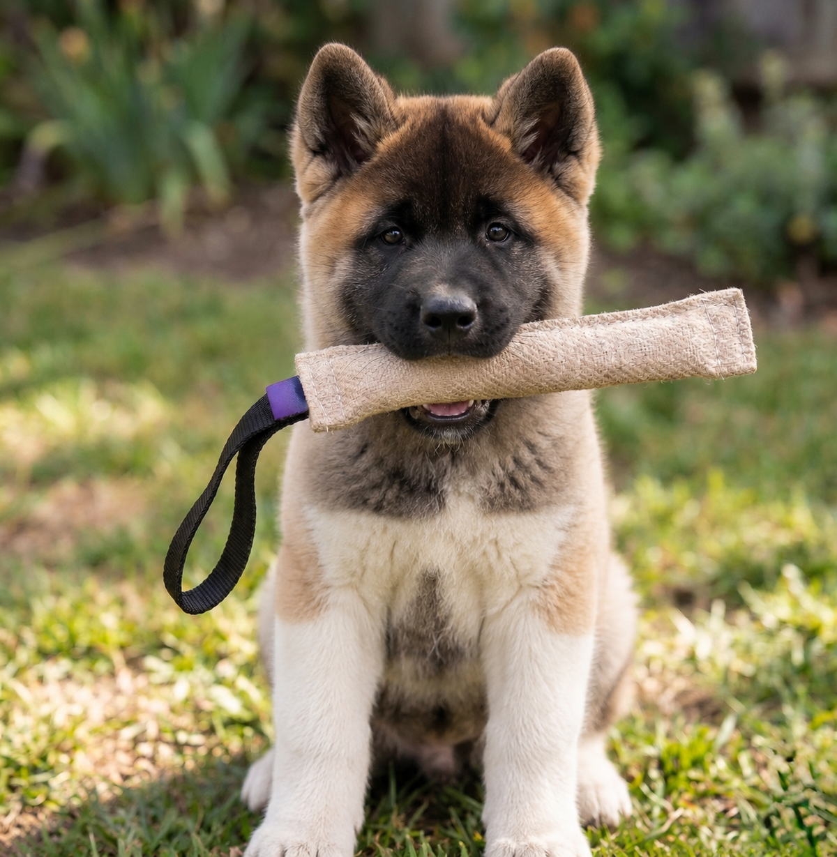 Akita puppy with a jute bite tug