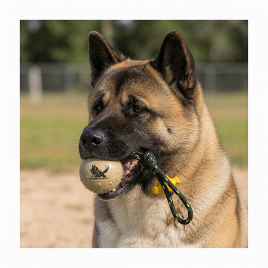 Akita with a solid rubber ball on a rope