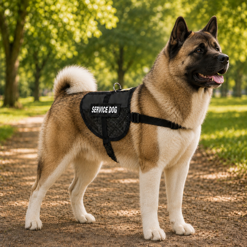 Akita wearing a black service dog vest