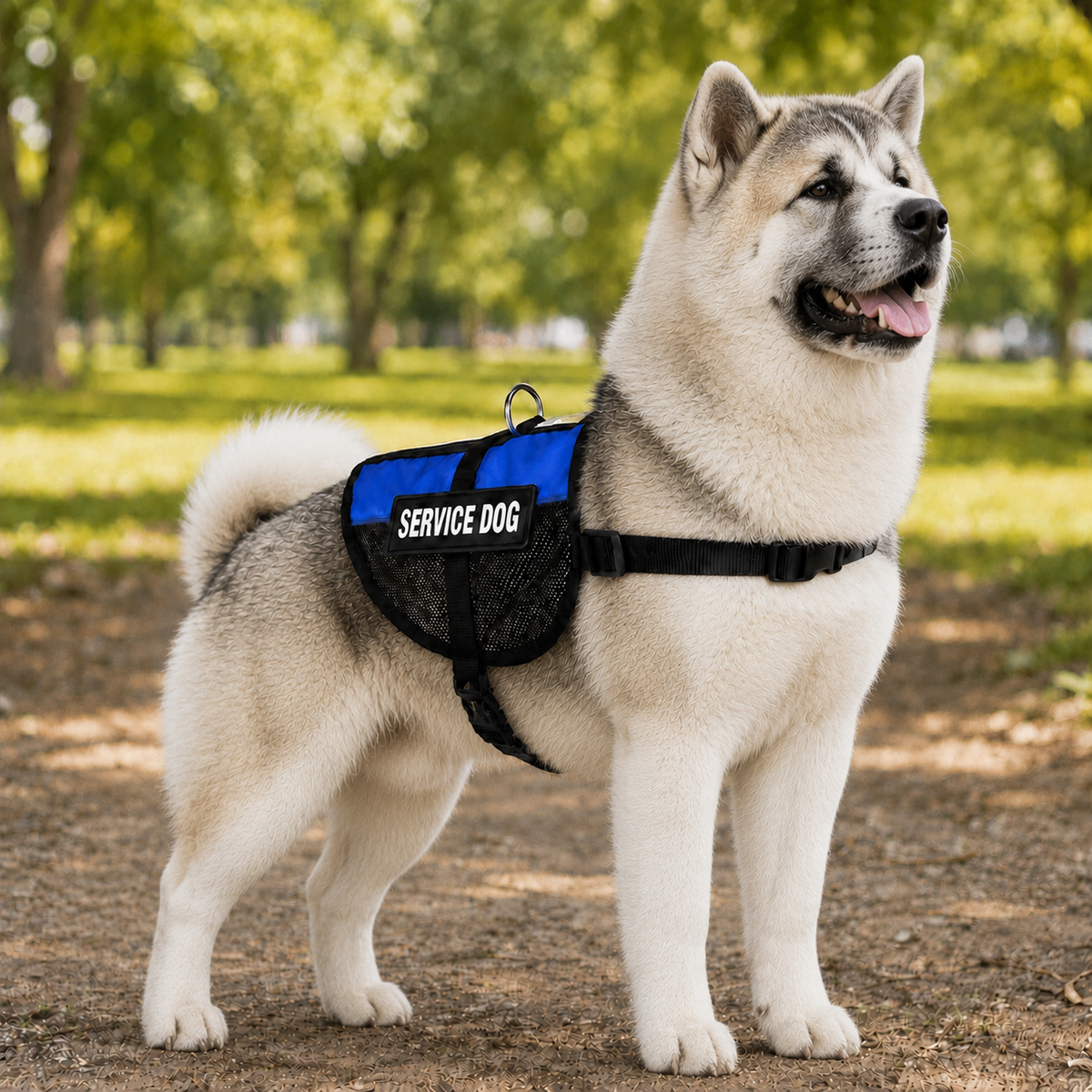 Akita wearing a blue service dog vest