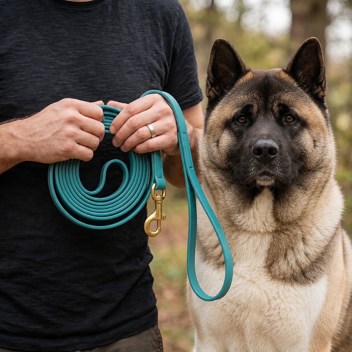 Akita on a turquoise 180 cm PowerFlex leash