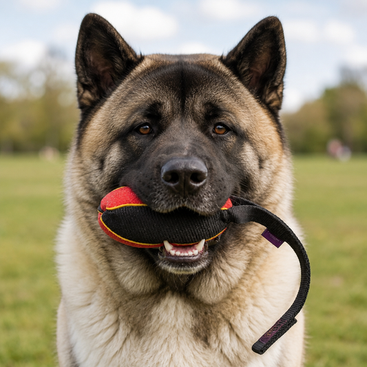 Akita with a French linen watermelon bite tug