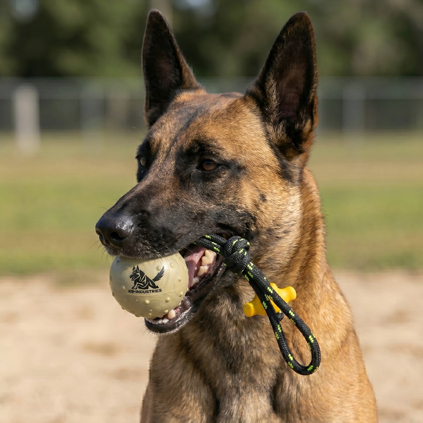 Ultimate rubber training ball on a rope for Belgian Malinois