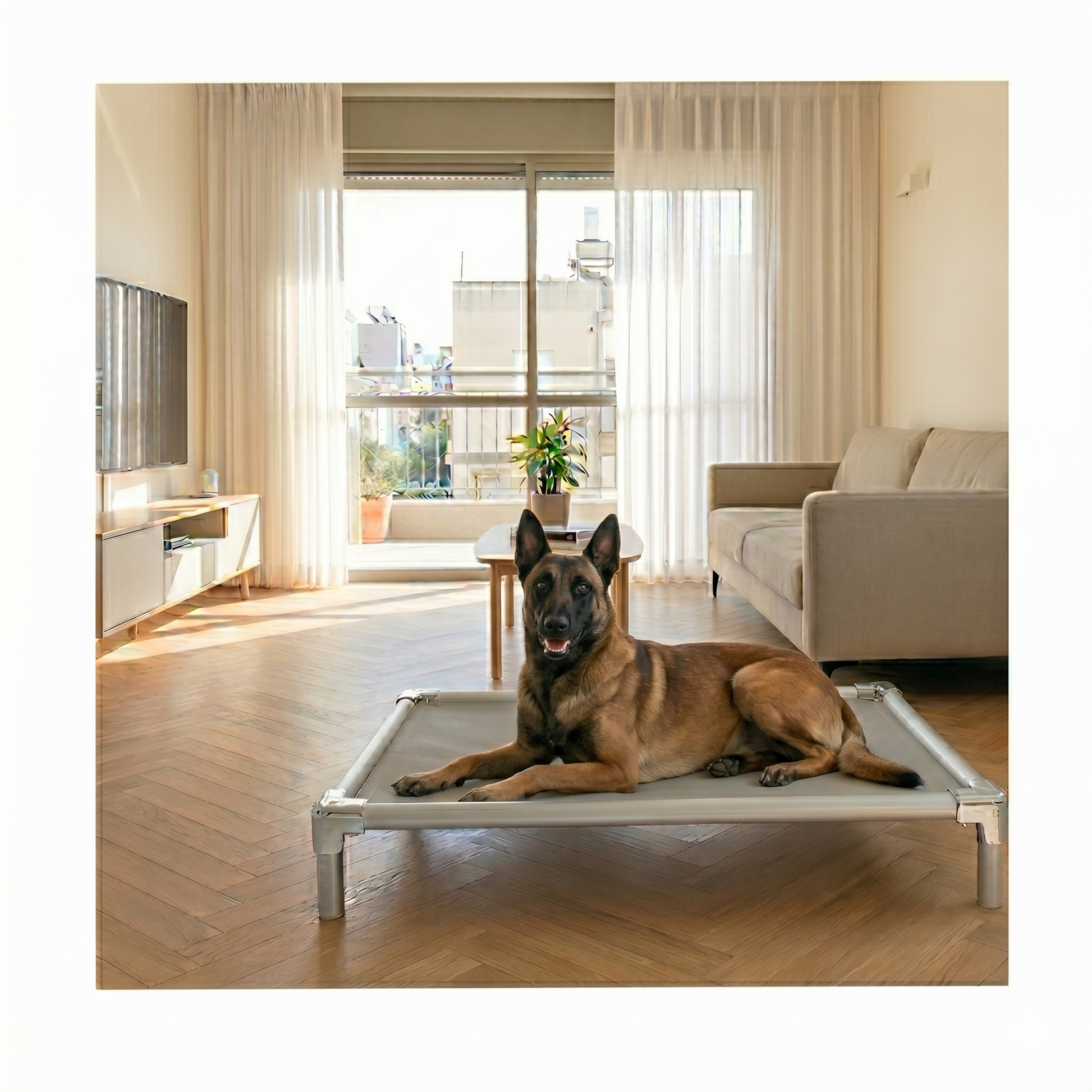 Chew-proof elevated dog bed for working dogs