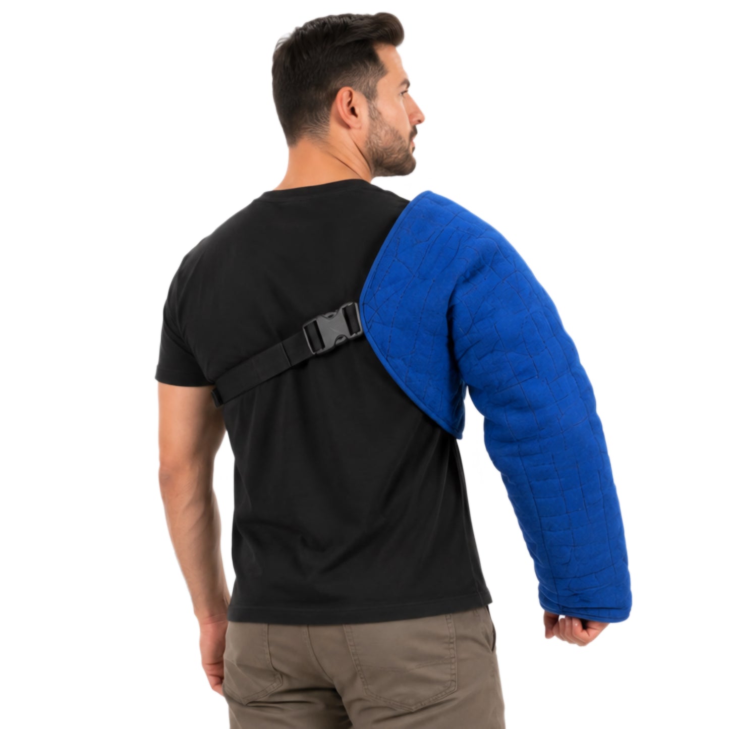 Blue quilted PSA bite sleeve covering the full arm, armpit and chest with a detachable body strap for PSA, Mondioring and KNPV decoy training