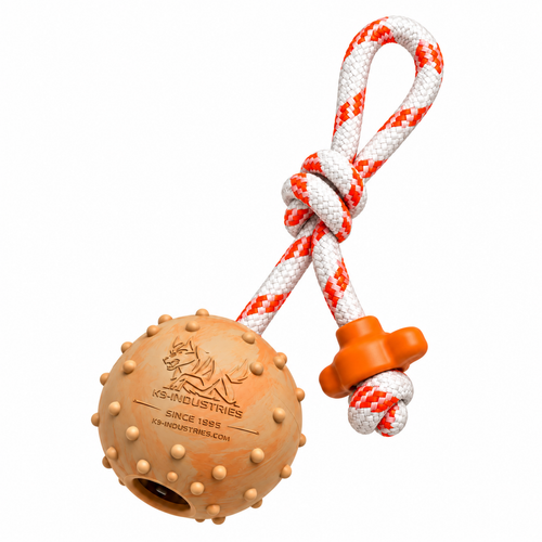 K9-Industries hollow natural rubber dog tug ball 3.15 inch (8 cm) in sand-orange marble on a white and orange rope with T-handle