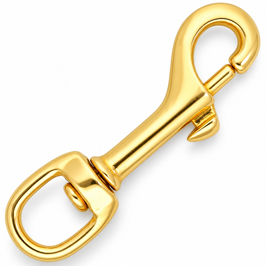 Polished brass snap hook with oval swivel eye, 70 mm long