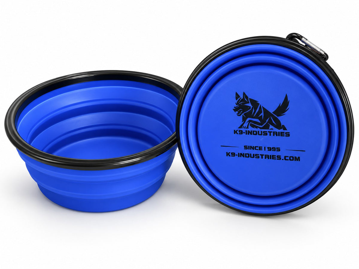 K9-Industries large 1 liter collapsible dog water bowl in blue, folded and open with carabiner clip