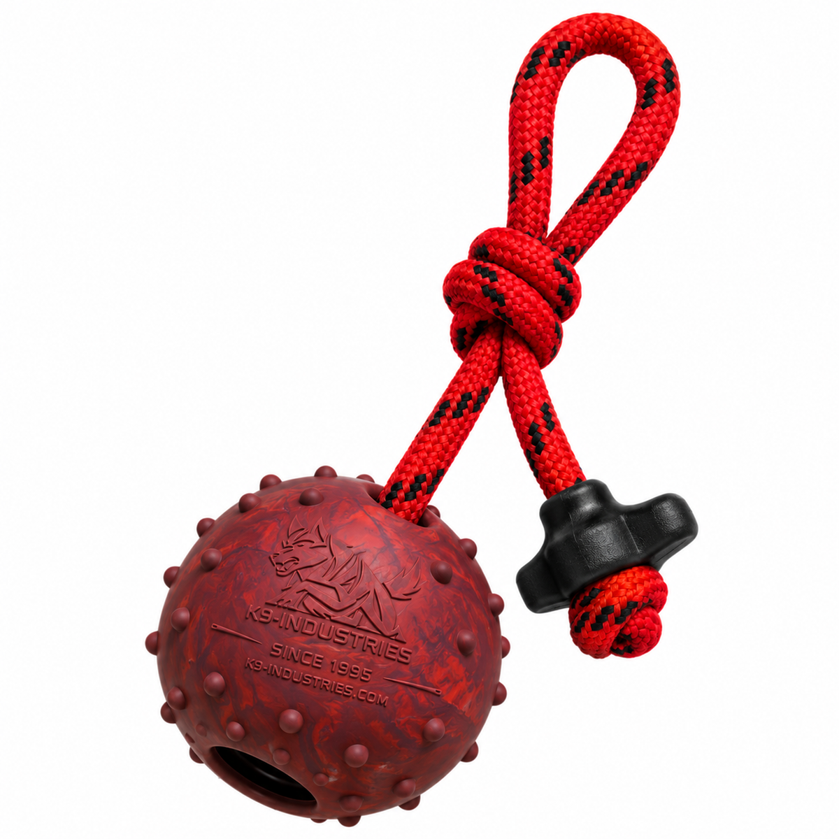 K9-Industries solid natural rubber floating dog ball 3.15 inch (8 cm) in red marble on a red and black rope with T-handle