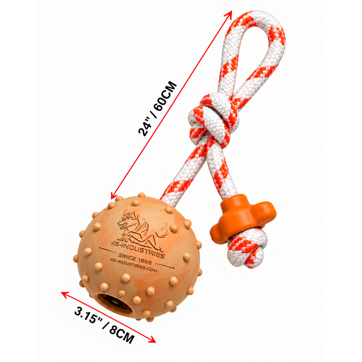 Hollow dog rope ball dimensions: 3.15 inch (8 cm) ball diameter and 24 inch (60 cm) rope with orange T-handle