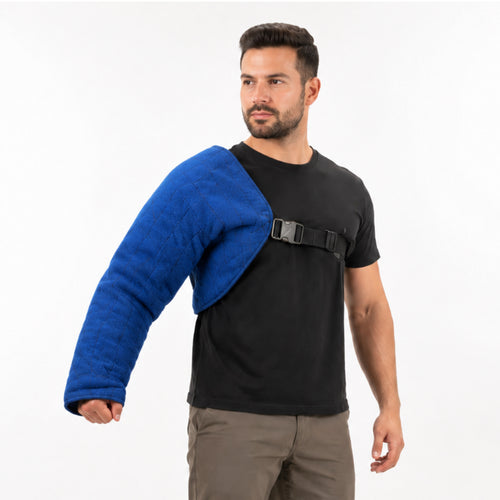 Decoy wearing a blue PSA bite sleeve with an adjustable quick-release chest strap for protection sports bite work