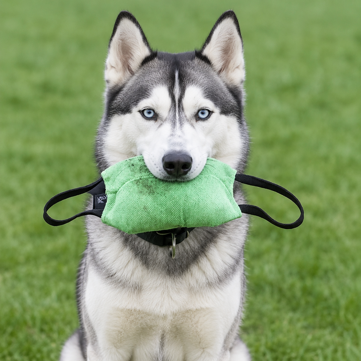 Siberian Husky with a professional bite pillow