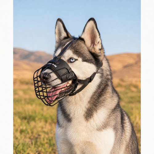 Siberian Husky wearing an advanced 3D metal wire muzzle