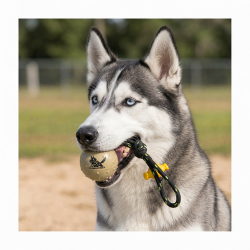 Siberian Husky with a solid rubber ball on a rope