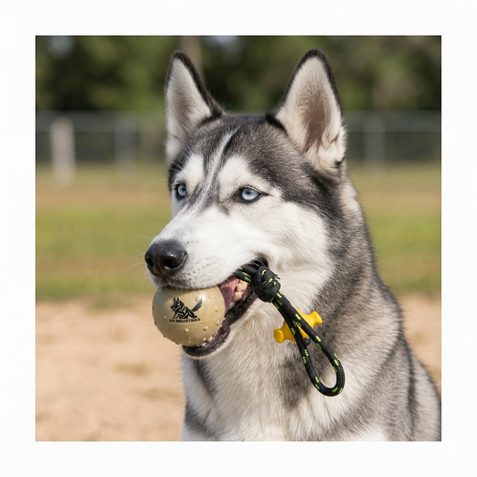 Siberian Husky with a solid rubber ball on a rope