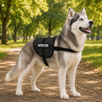 Siberian Husky wearing a black service dog vest