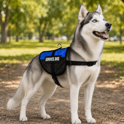 Siberian Husky wearing a blue service dog vest