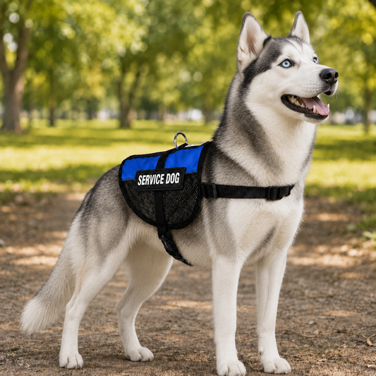 Siberian Husky wearing a blue service dog vest