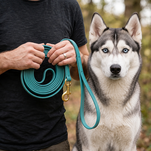 Siberian Husky on a turquoise 180 cm PowerFlex leash