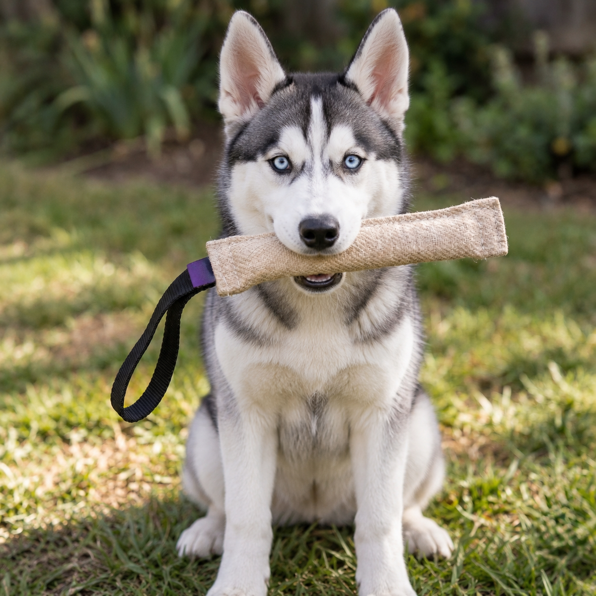 Siberian Husky puppy with a jute bite tug