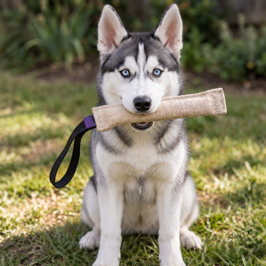 Siberian Husky puppy with a jute bite tug