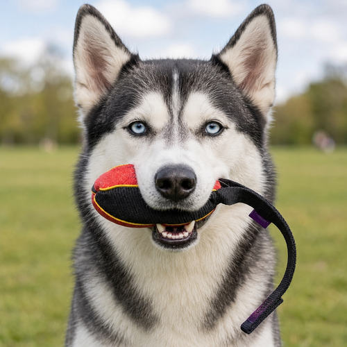 Siberian Husky with a French linen watermelon bite tug